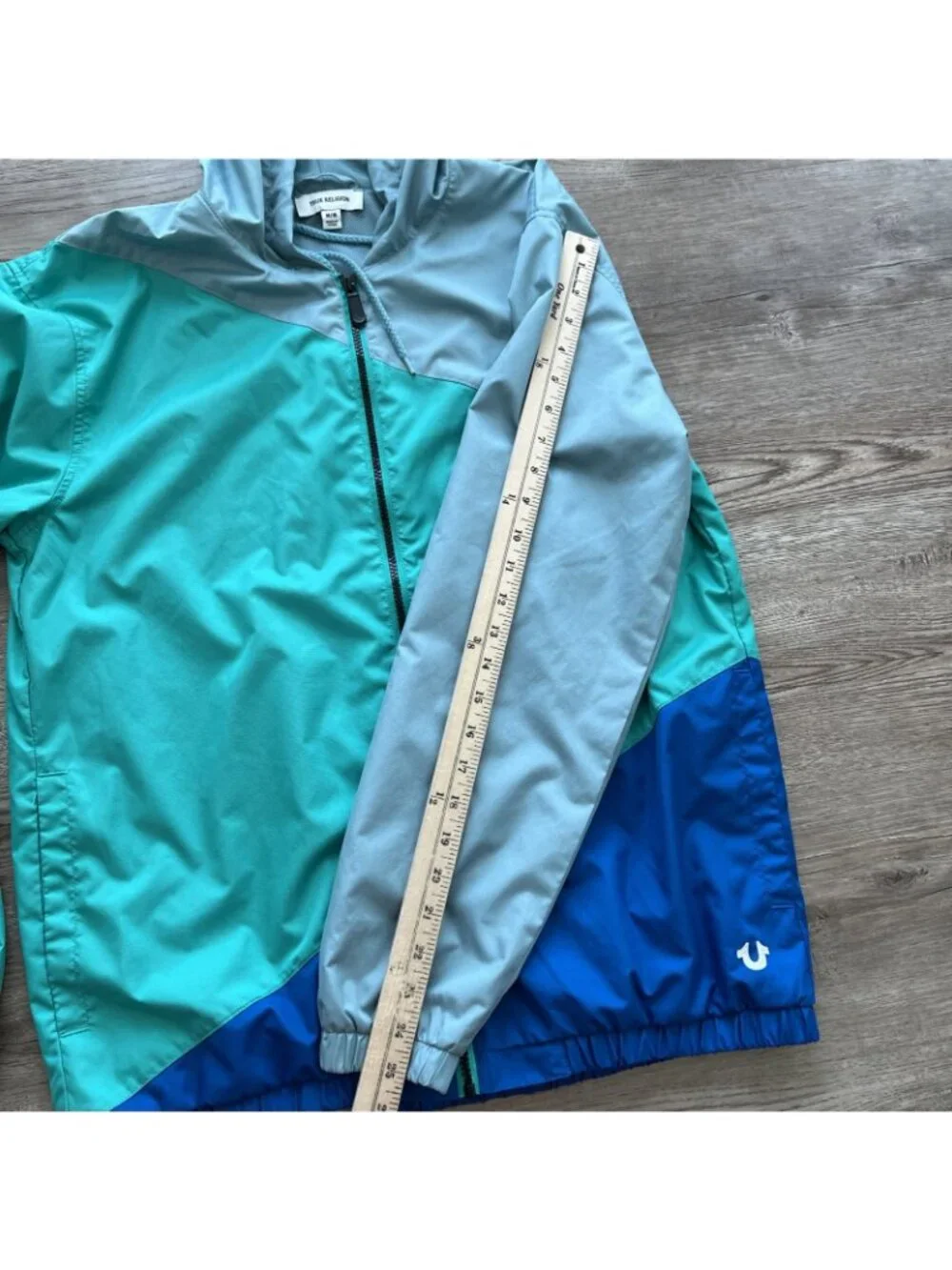 True Religion Windbreaker Jacket Mens M Teal Blue Green Full Zip Hooded